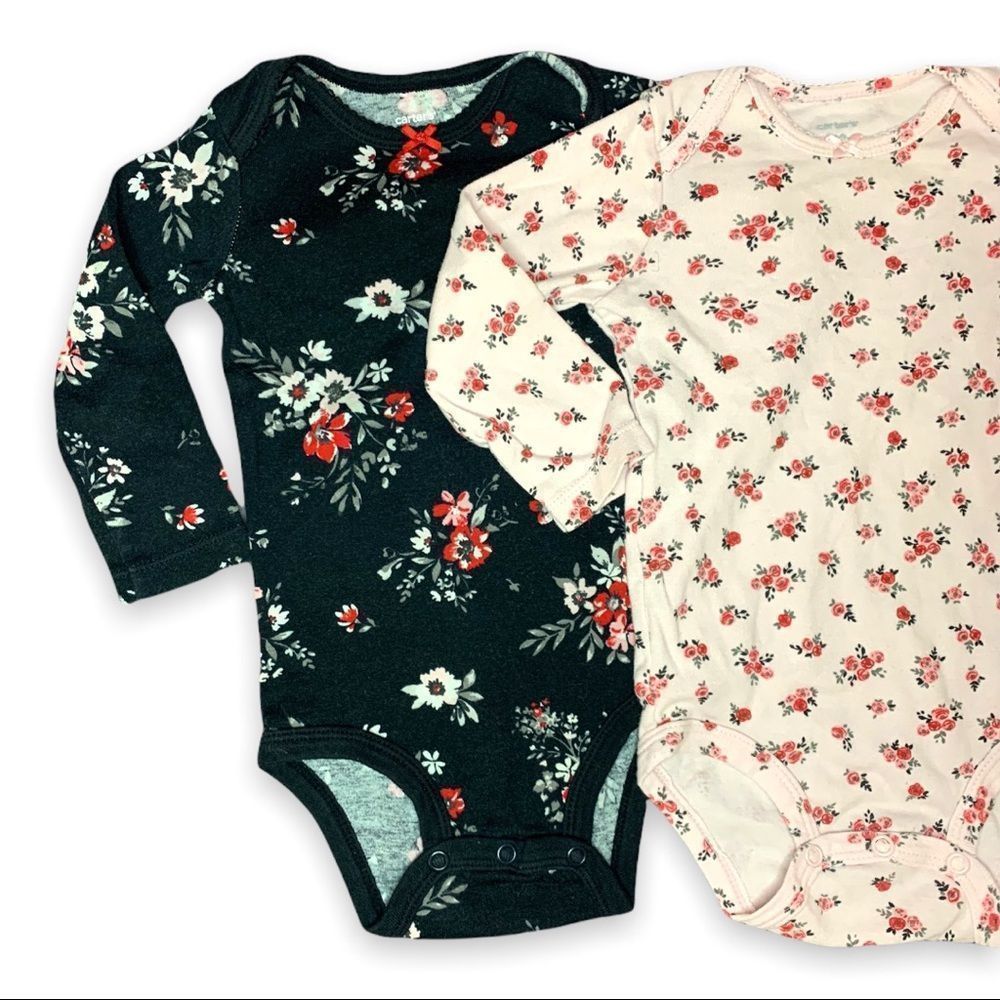 Carters 12 M Girls' Black & Pink Floral 2-Piece Long Sleeve Onesie Set Snap-Up - Picture 3 of 5